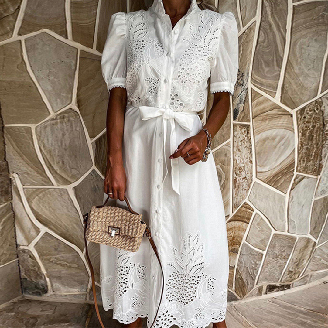 Boho chic women's Celeste embroidered maxi dress, ideal for summer beach days and elegant holiday outfits.