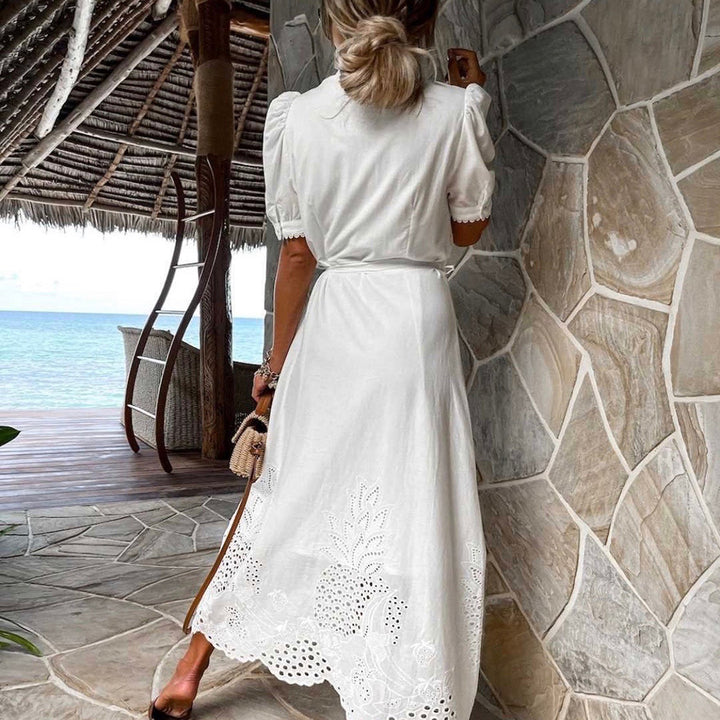 Women's embroidered summer maxi dress. Flowy Celeste beach dress, a comfortable and elegant casual holiday outfit.