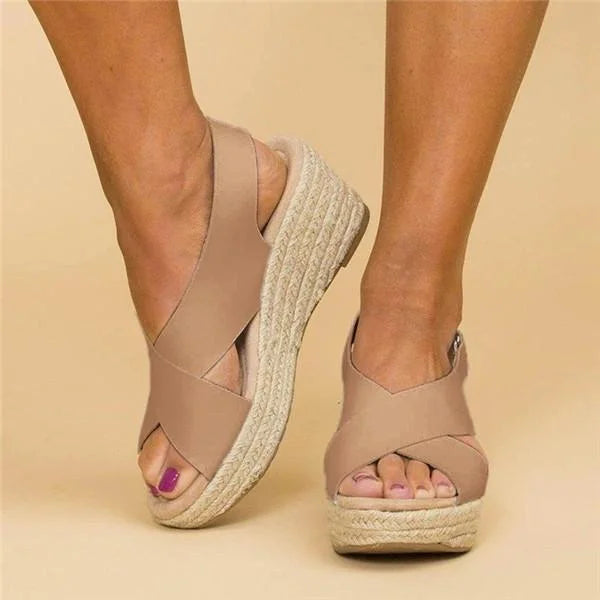 Close-up of the comfortable Clara espadrille wedge heel, showcasing stylish design.