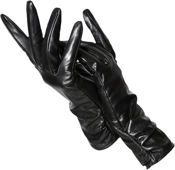 Detailed view of the interior lining of women's classic leather winter gloves.