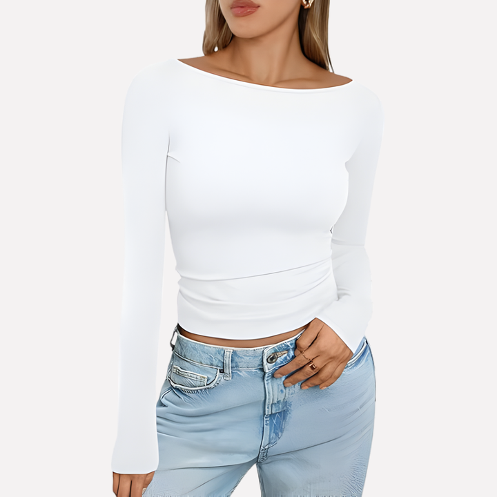 Women's classic boat neck long sleeve top, perfect for casual wear. A versatile everyday fitted top.