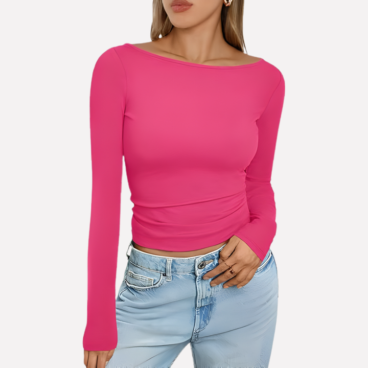Simple yet chic women's long sleeve boat neck top, a fitted everyday wardrobe staple for casual versatile wear.