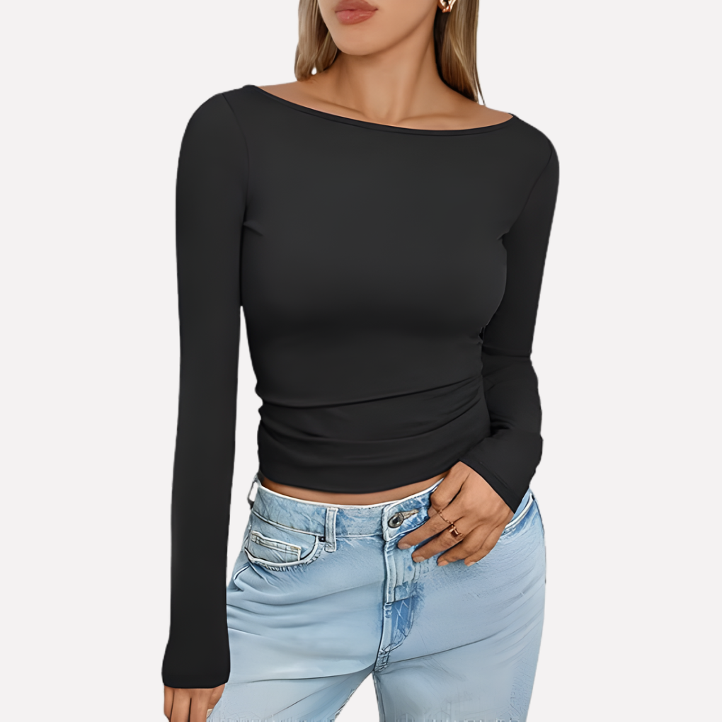 Elegant boat neck women's top with long sleeves, a classic fitted style for everyday casual wear. Wardrobe staple.
