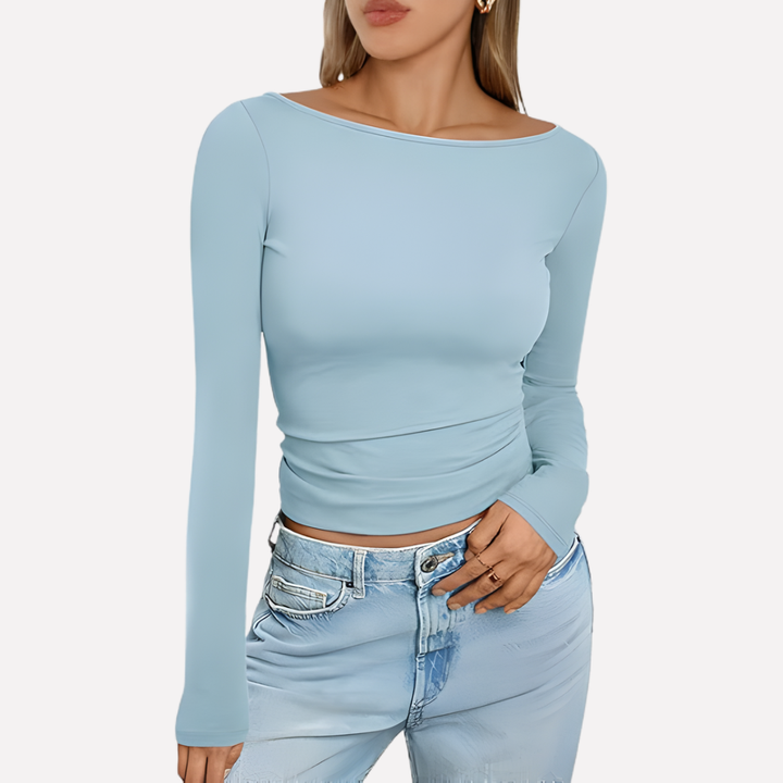 Soft women's fitted boat neck long sleeve top, a versatile and classic style for everyday casual wear. New addition.