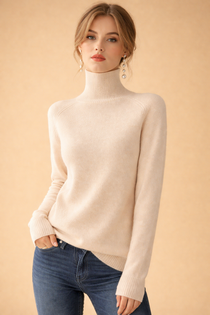 Layering perfection: women's fitted turtleneck sweater in a neutral shade.