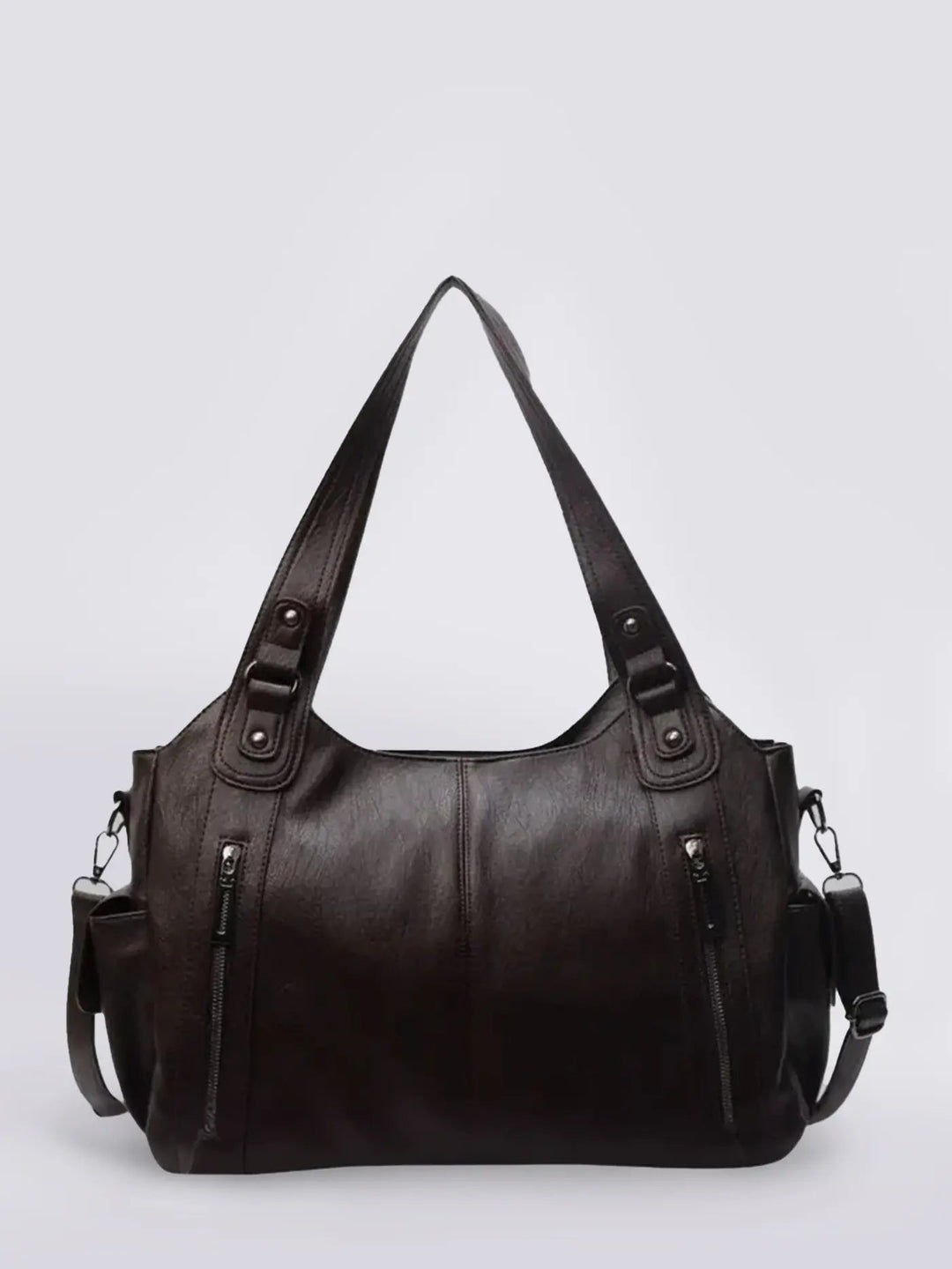 Timeless black leather shoulder bag with ample storage and adjustable strap