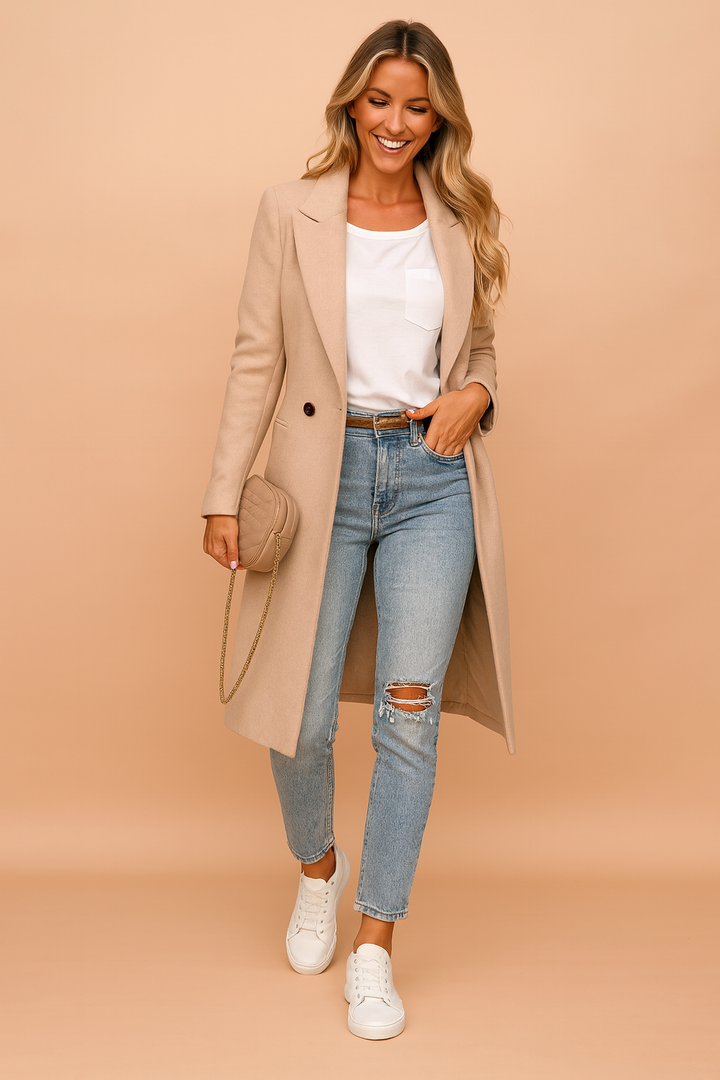 Women's classic double-breasted wool blend long winter coat in timeless elegant style.