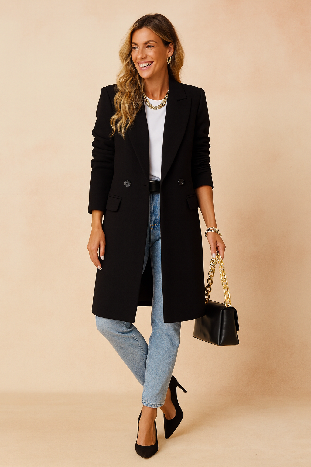 Fashionable outerwear: A chic double-breasted women's winter jacket for a classic look.