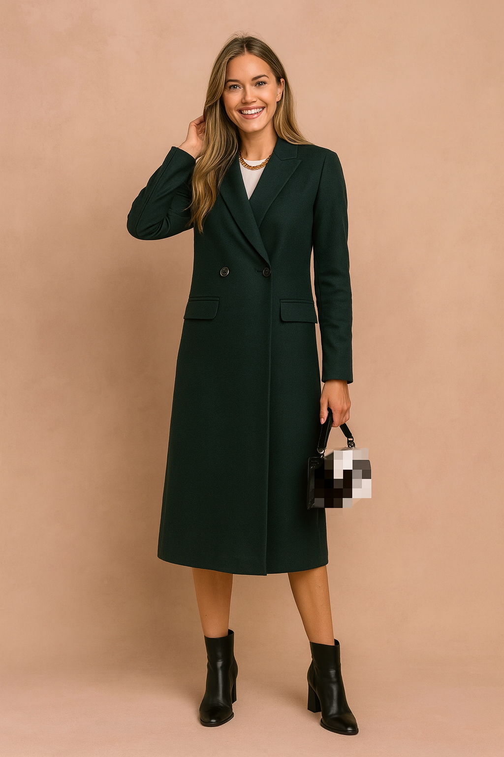 Elegant women's wool blend coat, perfect wardrobe staple for cold weather. Double-breasted design.