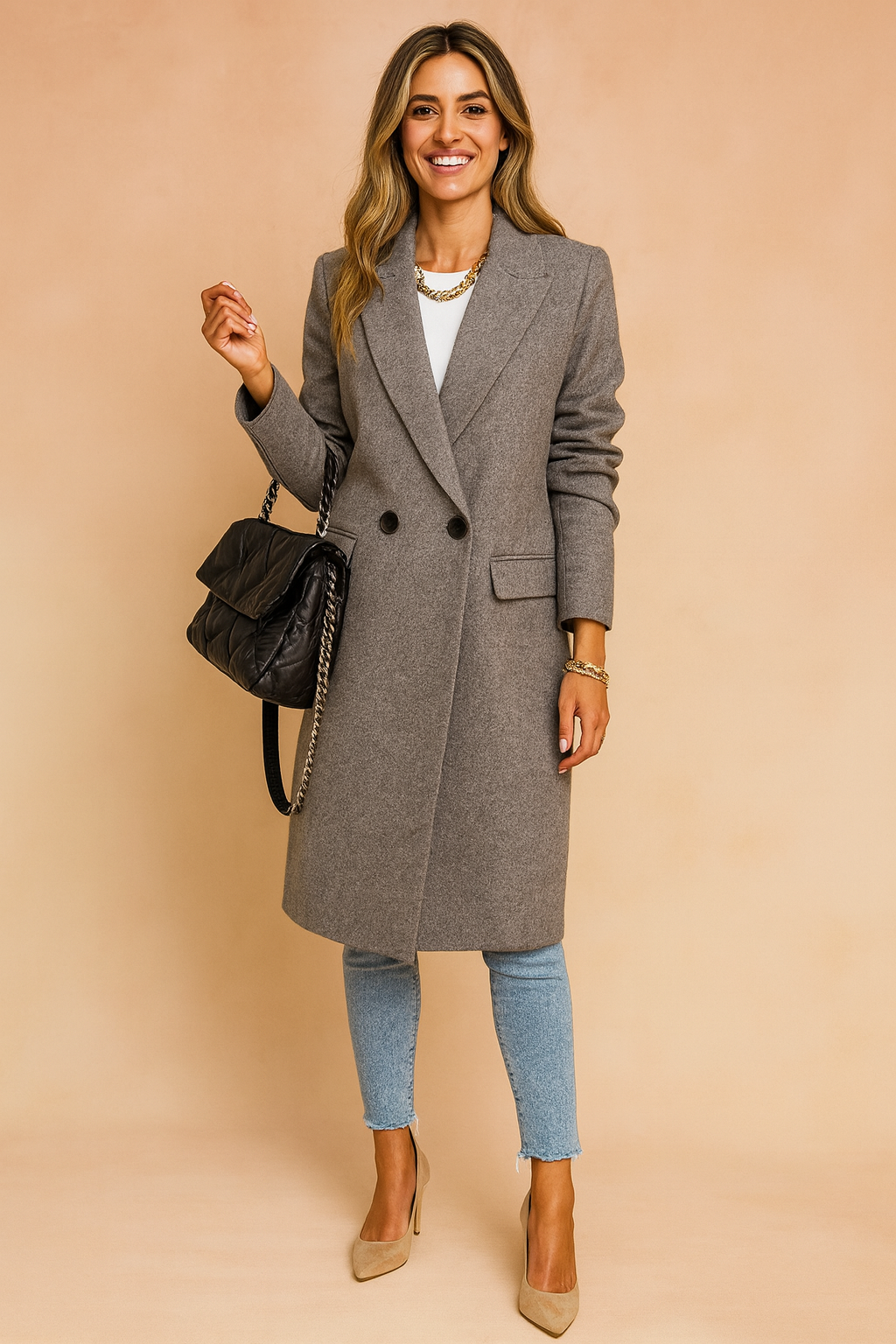 Stay warm in style with this classic double-breasted wool blend coat for women. A fashionable outerwear choice.