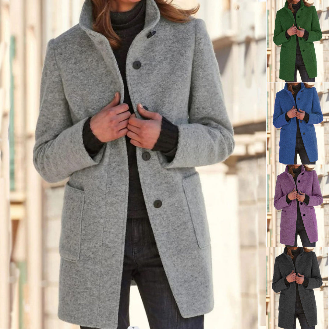 Women's classic light grey wool coat with retro button closure