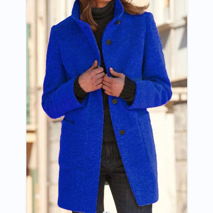 Amanda: fashionable dark blue wool coat with a unique retro closure