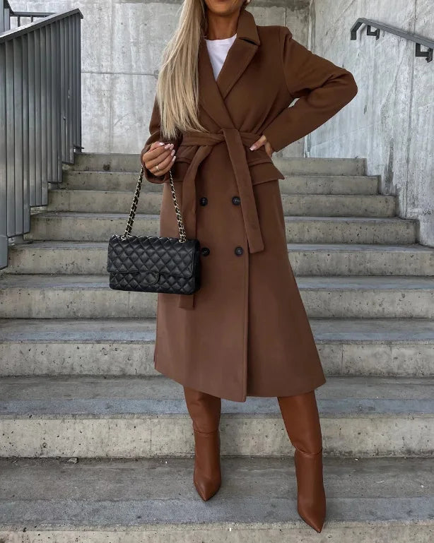Versatile women's long sleeve trench coat, ideal classic outerwear for winter fashion, offering a chic and elegant style.