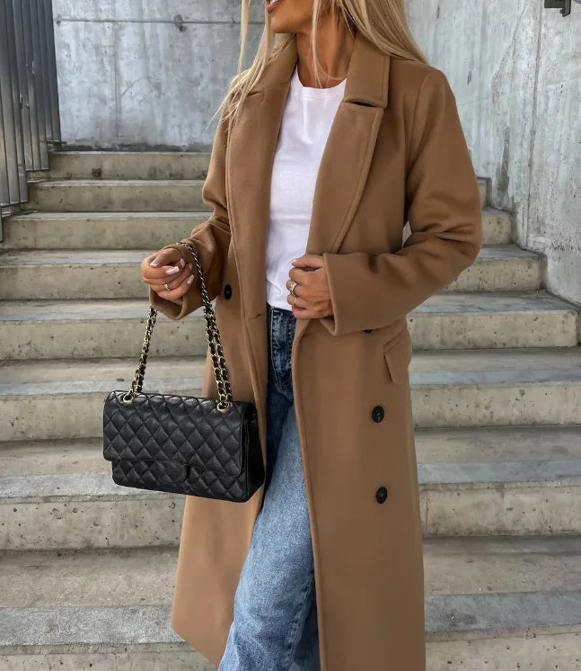 Elegant women's classic long sleeve trench coat, a versatile and sophisticated outerwear jacket for chic winter fashion.