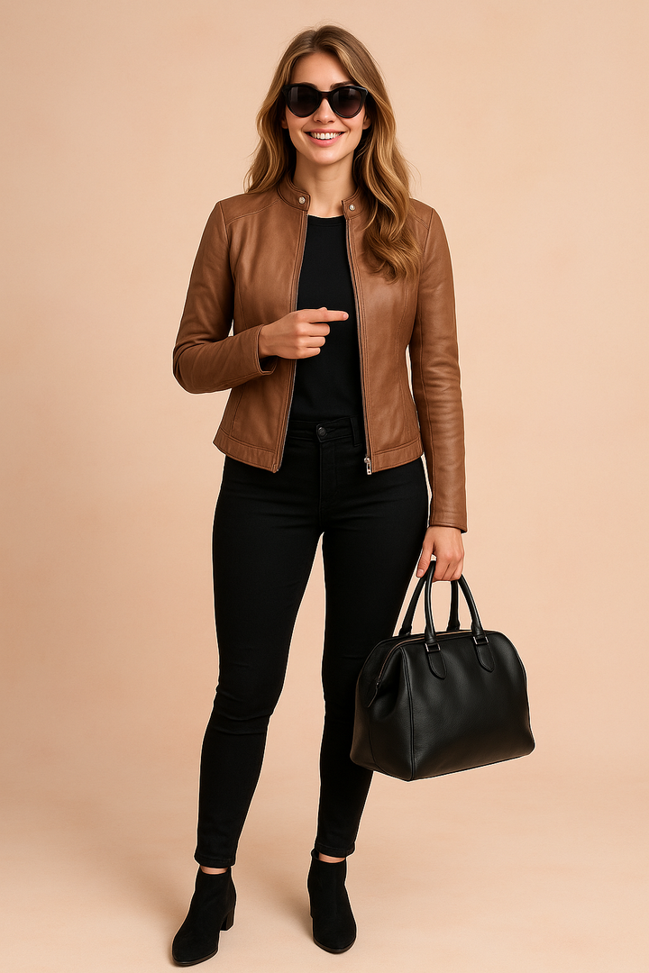 Back view of the women's minimalist outerwear, highlighting its clean lines.