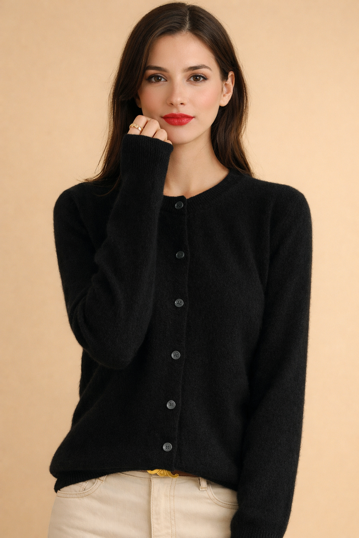 Women's classic round neck cardigan with button-up front for versatile layering.