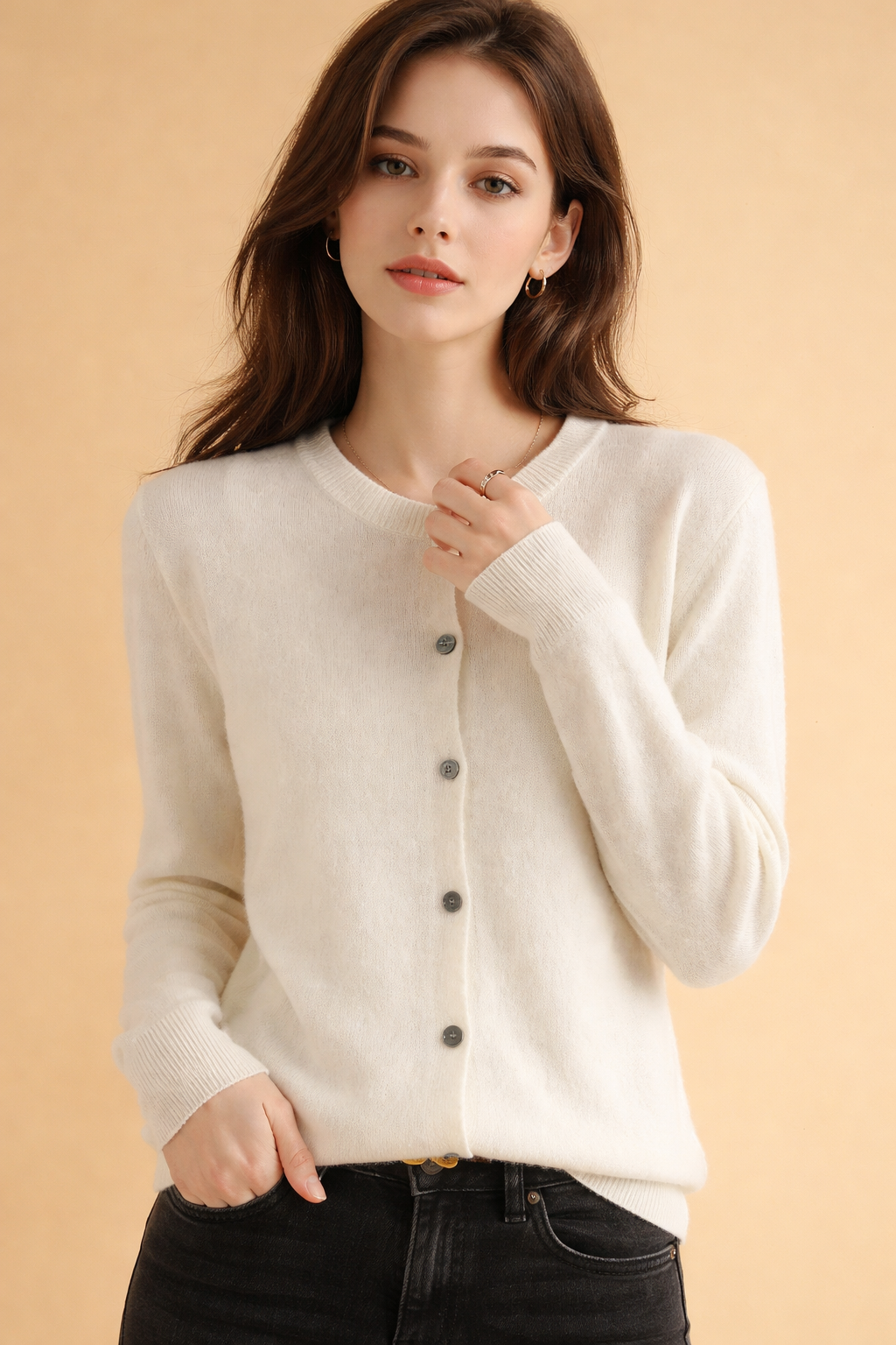 Comfortable women's knit cardigan sweater, ideal for layering in any season.