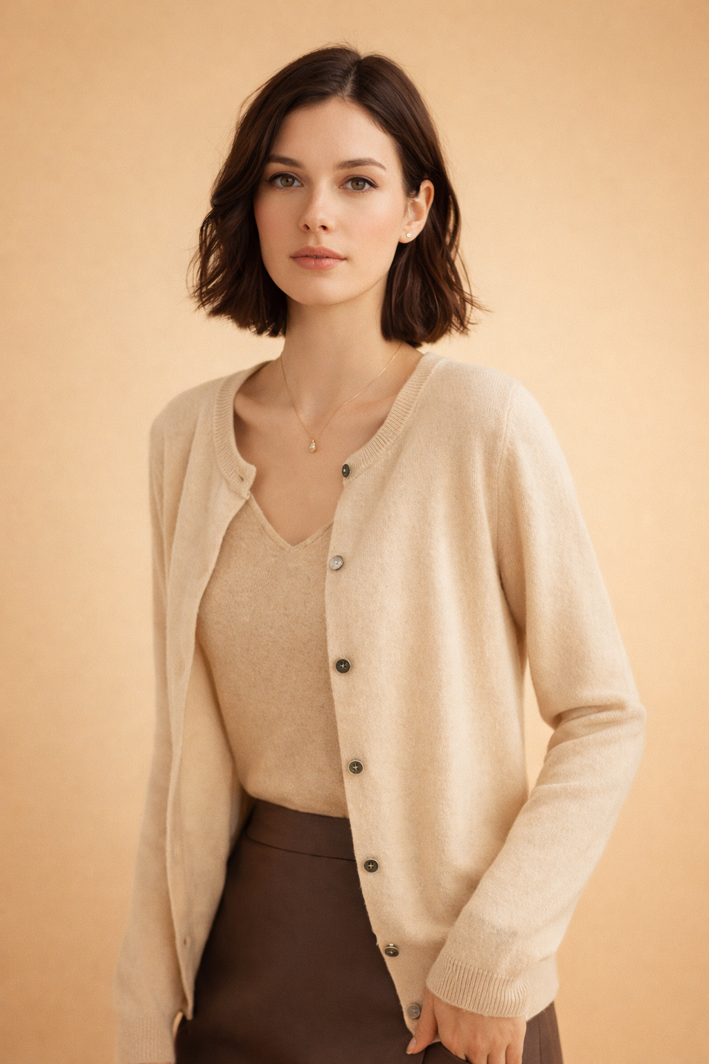 Elegant women's round neck cardigan, a must-have for a timeless wardrobe.