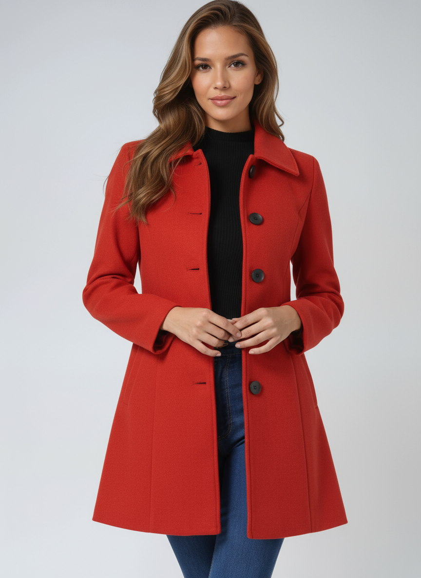 Close-up of the collar and lapel on a women's elegant winter trench coat