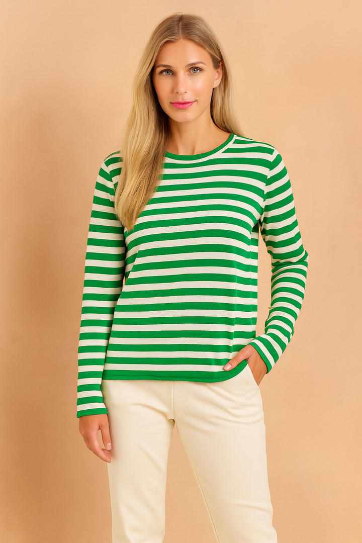 Fashionable women's long sleeve knit sweater with classic stripes. Cozy and elegant for everyday wear.