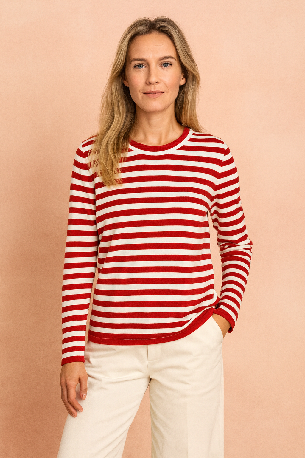 Cozy women's striped knit sweater, a classic style long sleeve pullover. Elegant and comfortable fashion.