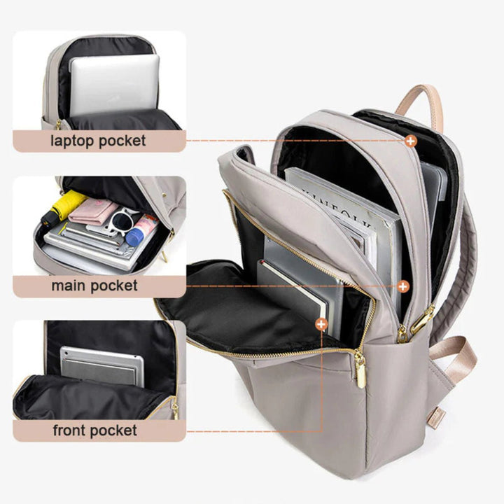 Durable women's waterproof laptop backpack, protecting electronics for school, work & travel.
