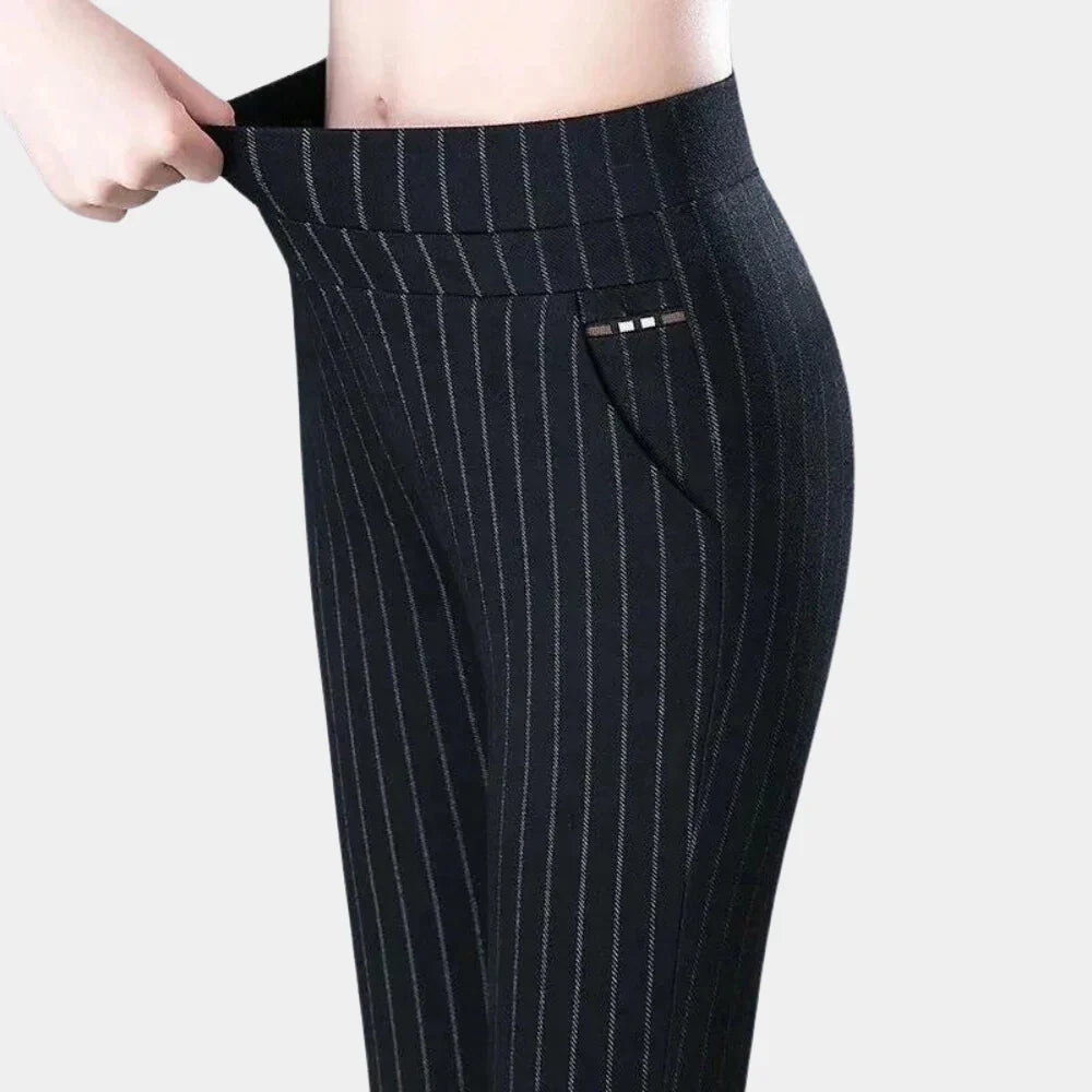 Versatile women's striped high-waisted stretch trousers, ideal for stylish comfort, easily paired with any top.
