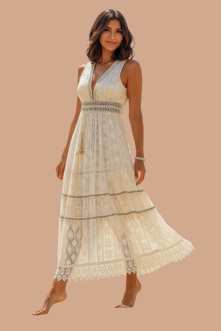 Flowy bohemian maxi dress for women, stylish ecru long dress, ideal for summer fashion & beach vacations.