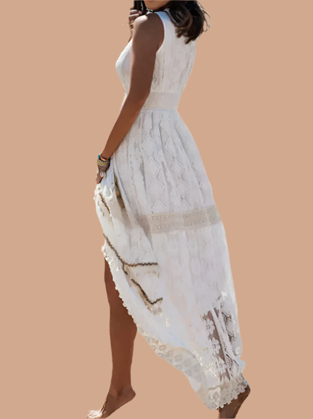Stylish women's ecru v-neck boho maxi dress, comfortable long dress, great for casual summer and vacation outfits.