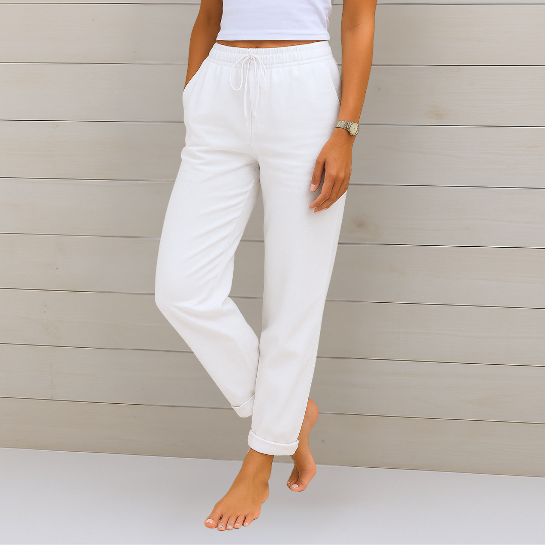 Close-up of the comfortable elastic waistband on women's versatile casual trousers, ensuring a perfect fit.