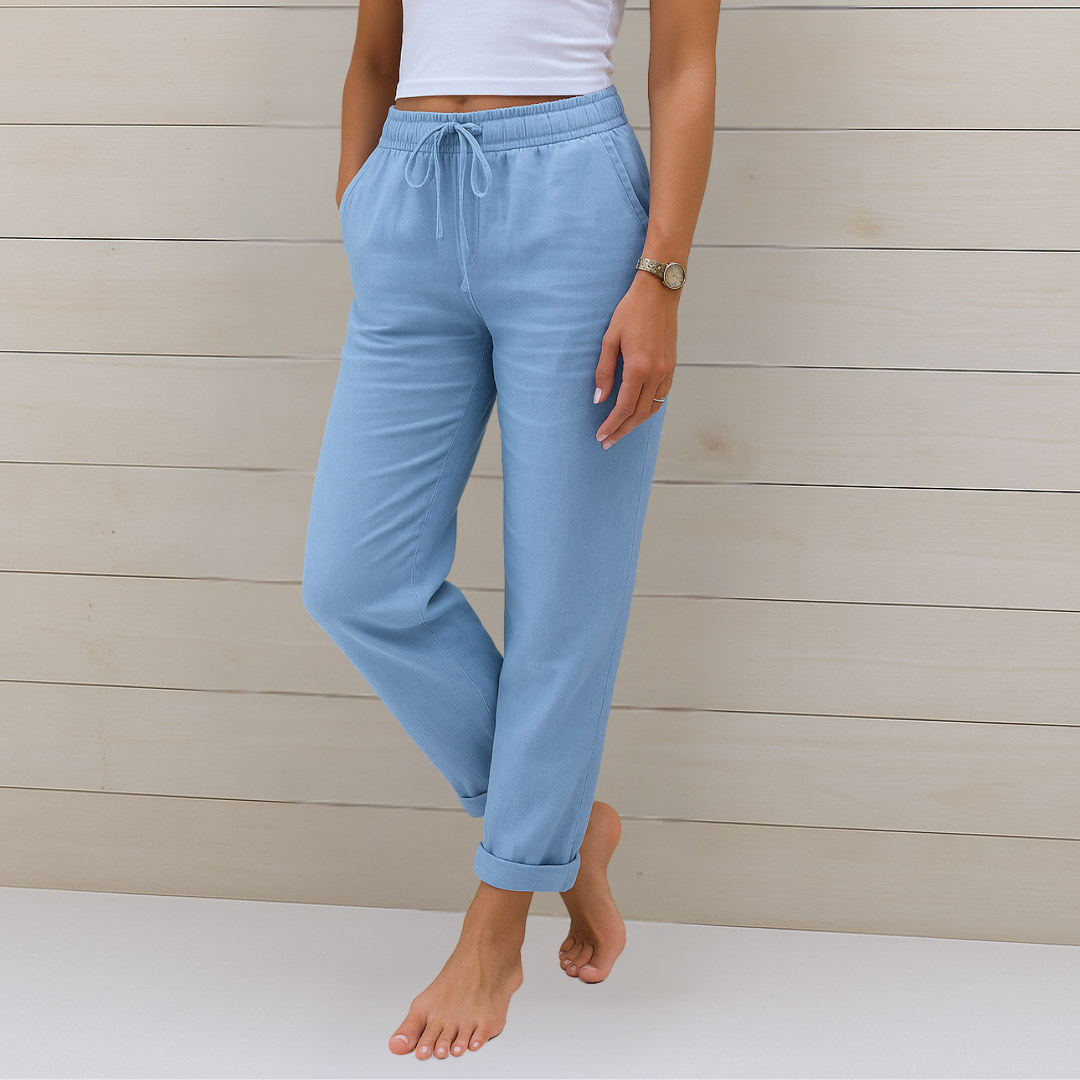 Woman wearing chic women's elastic waist pants, ideal for summer, work, or casual everyday outfits.