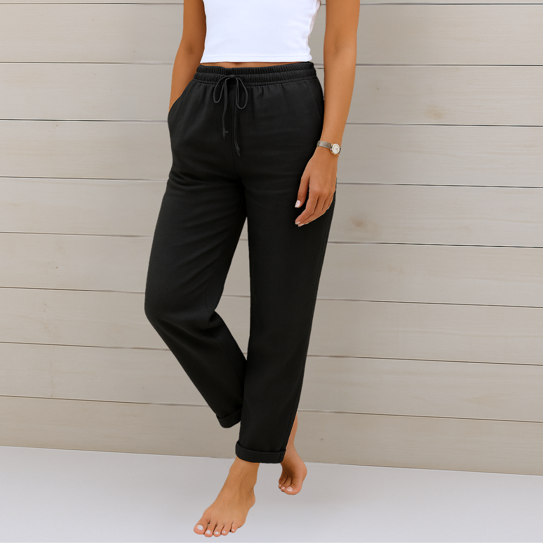 Breathable fabric detail of women's relaxed fit pants, highlighting comfort and the flattering silhouette.