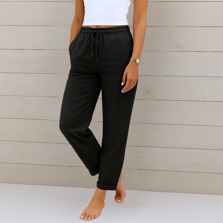 Breathable fabric detail of women's relaxed fit pants, highlighting comfort and the flattering silhouette.