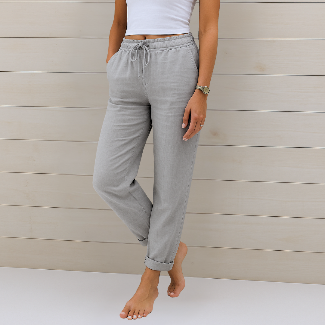 Side view of women's comfortable elastic waist pants, showcasing the relaxed and elegant drape.