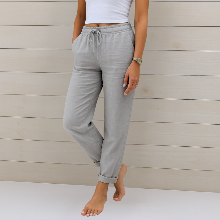 Side view of women's comfortable elastic waist pants, showcasing the relaxed and elegant drape.