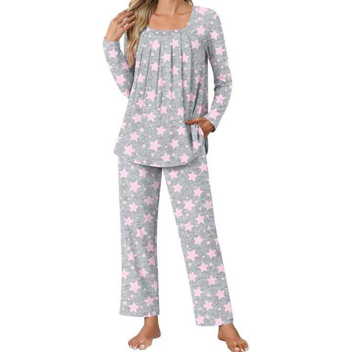 Women's long sleeve pajama set with pockets, perfect for cozy relaxation & home wear.