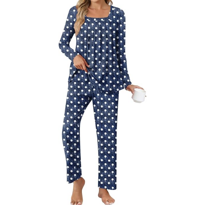 Relaxed fit women's lounge pajama set, featuring a cozy top and pants with pockets.
