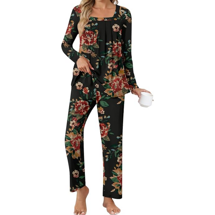 Women's comfy sleepwear set with long sleeves, elastic waist, and functional pockets.