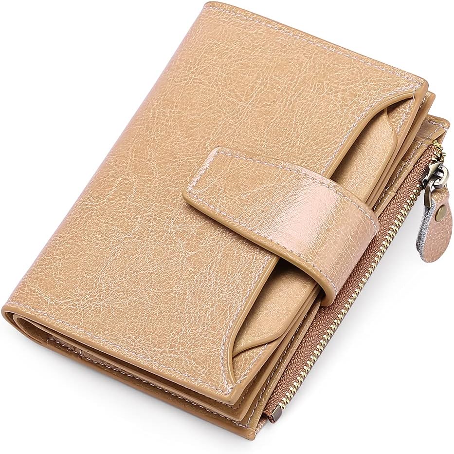 Durable women's compact leather RFID blocking wallet for daily essentials, card security, and small bills.