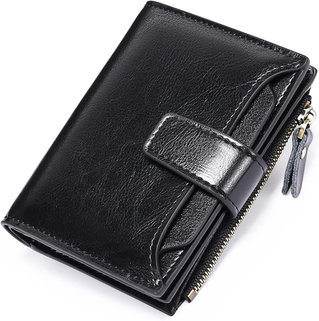 Front view of a women's compact RFID blocking leather wallet showing its sleek design and secure snap closure.
