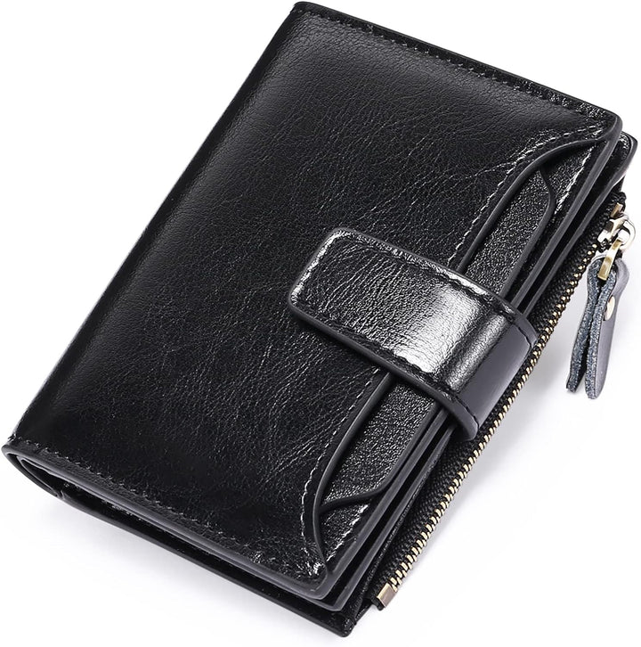 Front view of a women's compact RFID blocking leather wallet showing its sleek design and secure snap closure.