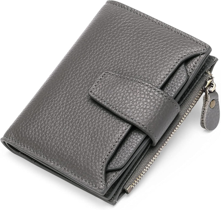 Back view of a women's compact leather wallet, highlighting its slim profile and convenient exterior pocket.