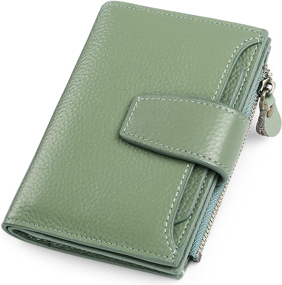 Multi-functional women's RFID blocking leather wallet: compact card holder, coin purse, secure travel accessory.