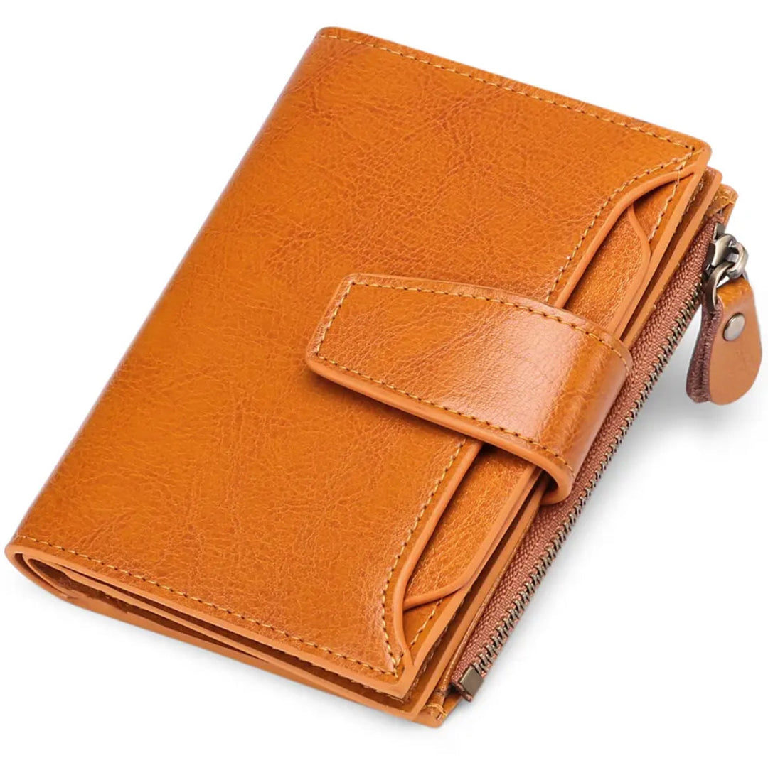 Secure women's RFID blocking leather wallet, ideal for travel, with card slots, cash organizer, and coin purse.