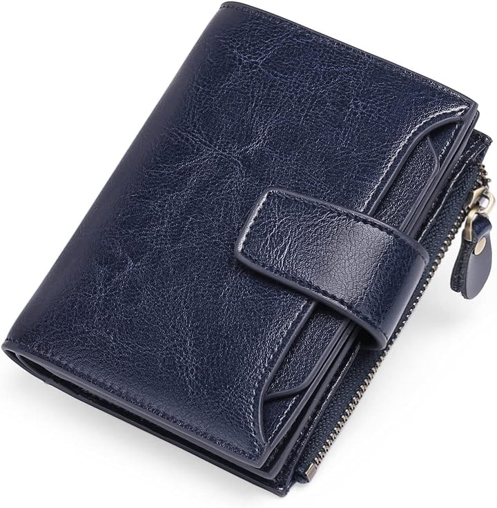 Slim, compact women's leather wallet with RFID protection, practical card slots, and a secure zip coin pouch.