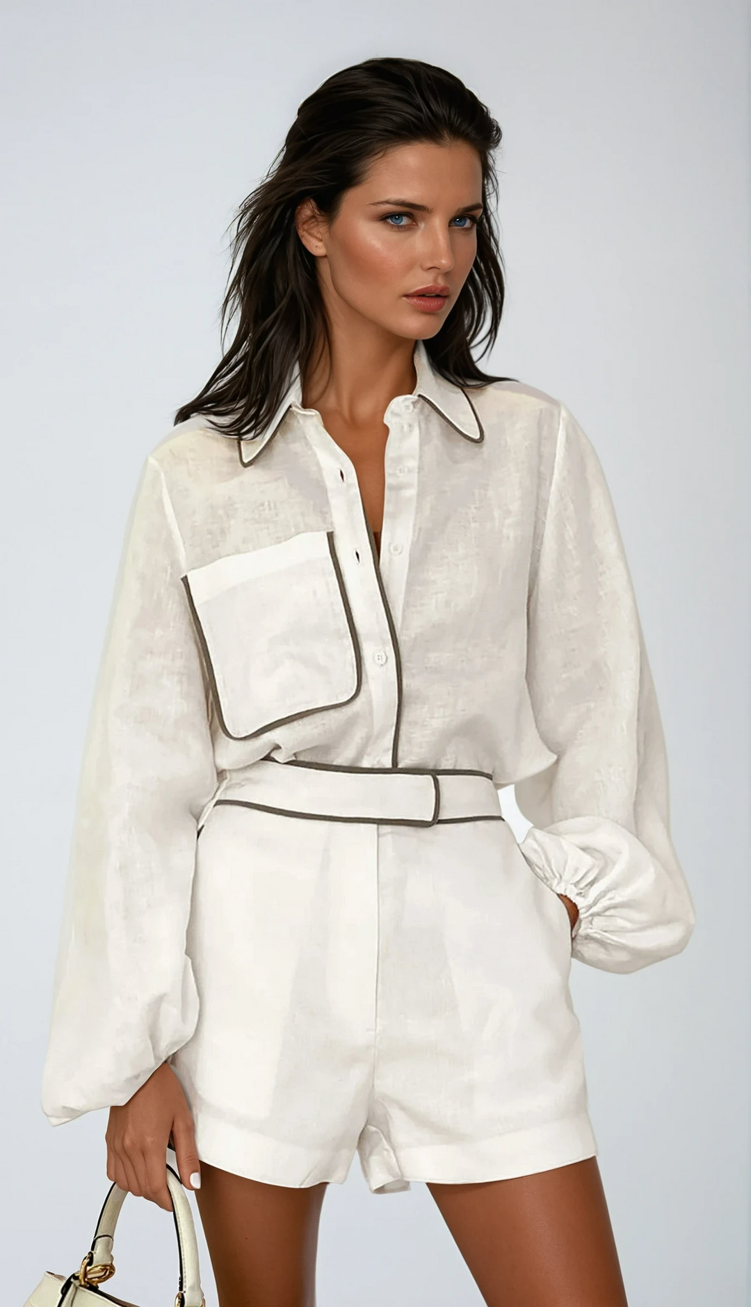 Women's contrast trim shorts set, perfect for elegant summer fashion or casual chic resort wear.