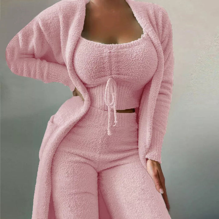 Soft knit 3-piece loungewear set for women. Cozy cardigan, cami, and pants for ultimate relaxation and comfort.