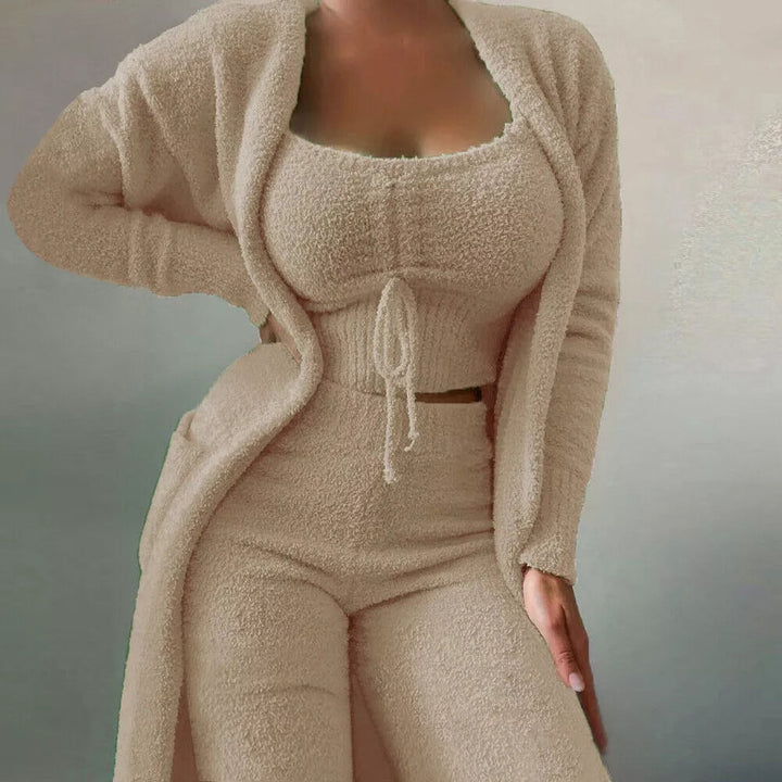 Stylish women's 3-piece matching lounge set. Knit cardigan, cami, and pants for casual wear or home comfort.
