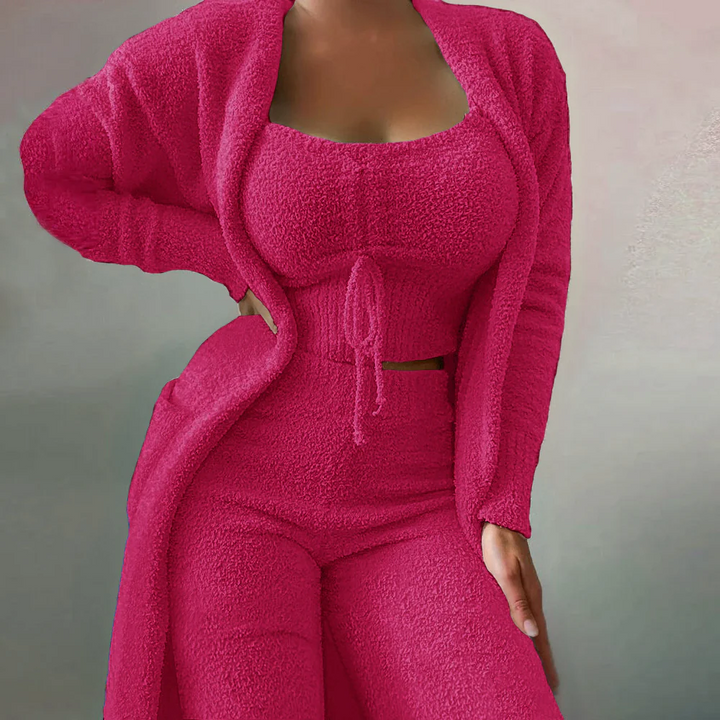 Plus size women's cozy 3-piece knit lounge set. Stylish cardigan, cami, & pants for comfort & home relaxation.