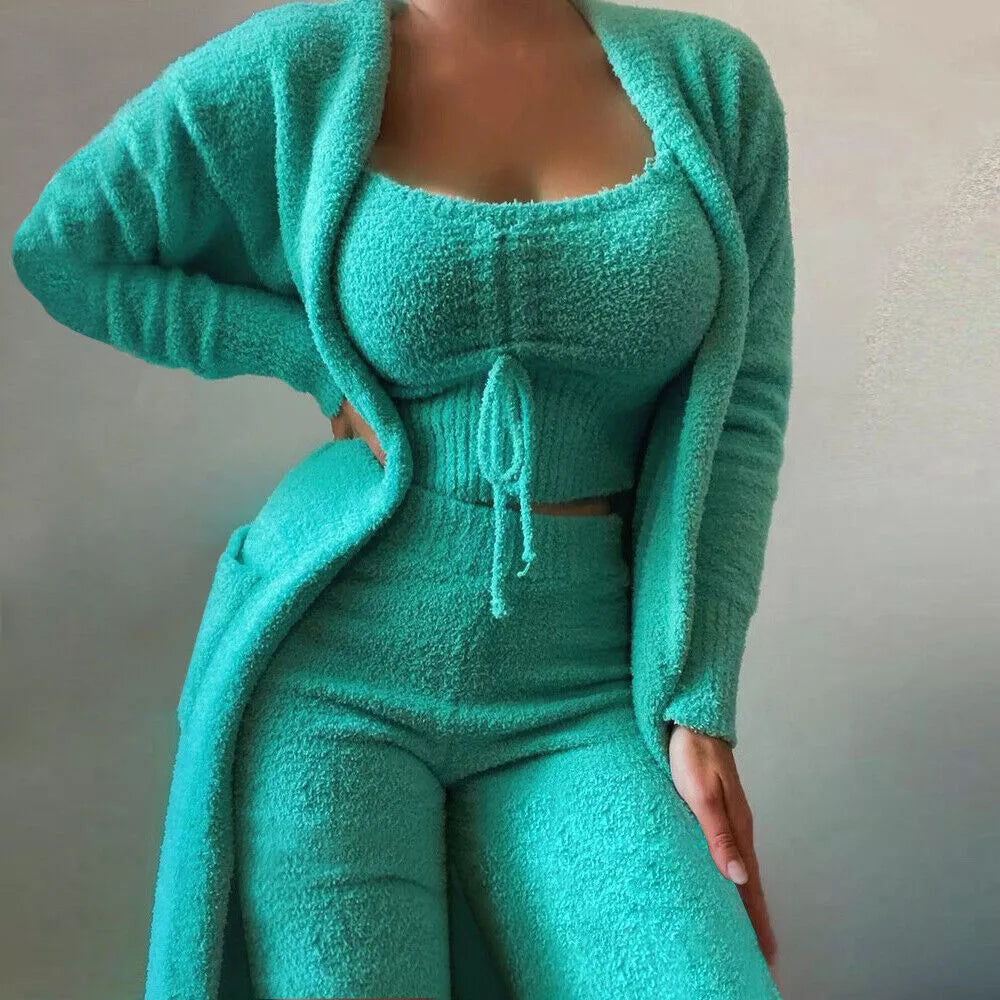 Women's 3-piece lounge set featuring a soft knit cardigan, comfy camisole, and relaxed fit pants. Ideal for home.